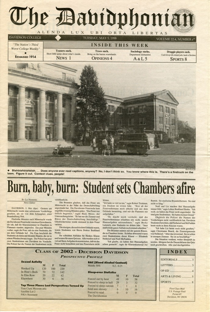 Front page of The Davidphonian, "The Nation's Third Worst College Weekly," published May 5, 1998