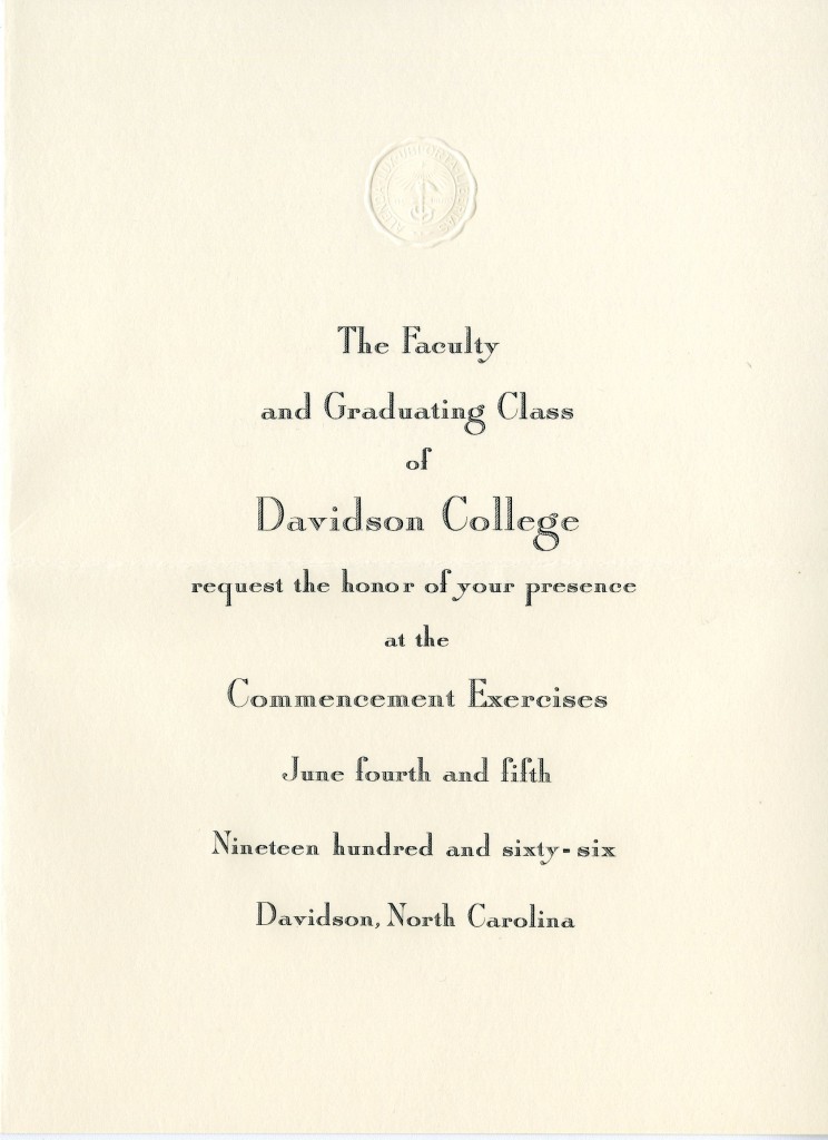 Since the early 1920s, commencement invitations have maintained the same language and layout, with a few font changes, as this example from 1966 demonstrates.