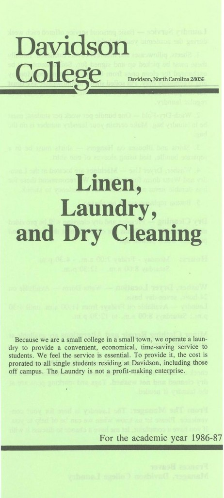 Davidson College Laundry pamphlet, 1986 - 1987.