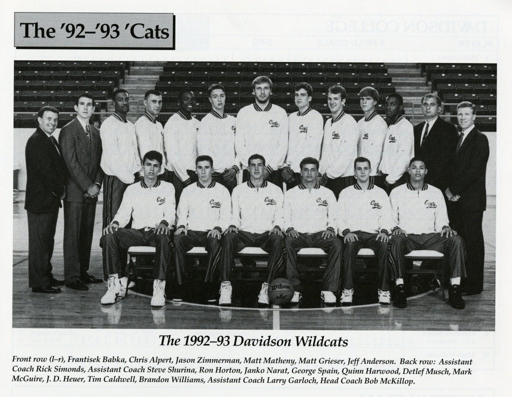 1992 - 1993 men's basketball team photo - McKillop is standing on the far right.