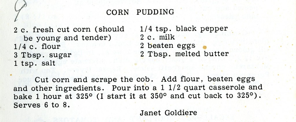 Janet Goldiere's Corn Pudding recipe, in The Davidson Cookbook.