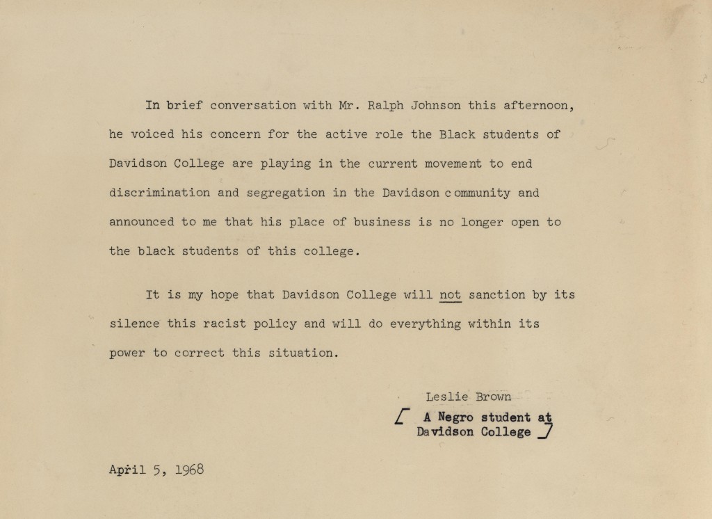 Leslie Brown's letter asking the College to "not sanction by its silence this racist policy."