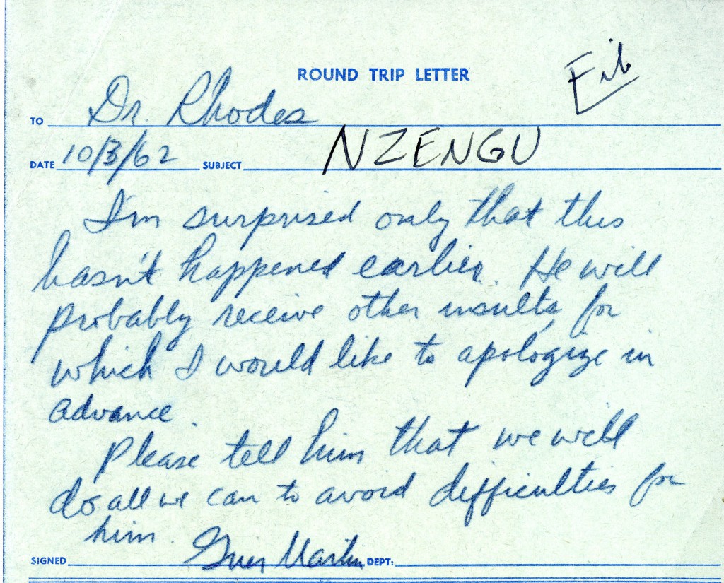 President Martin's response to Dan Rhodes, October 3, 1962.
