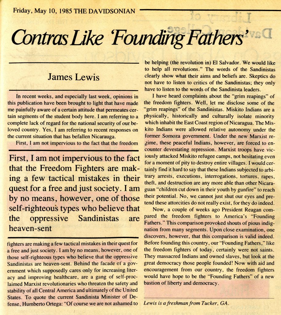 Lewis' "Contras Like 'Founding Fathers'" takes aim at the letters responding to his April 26 opinion letter.