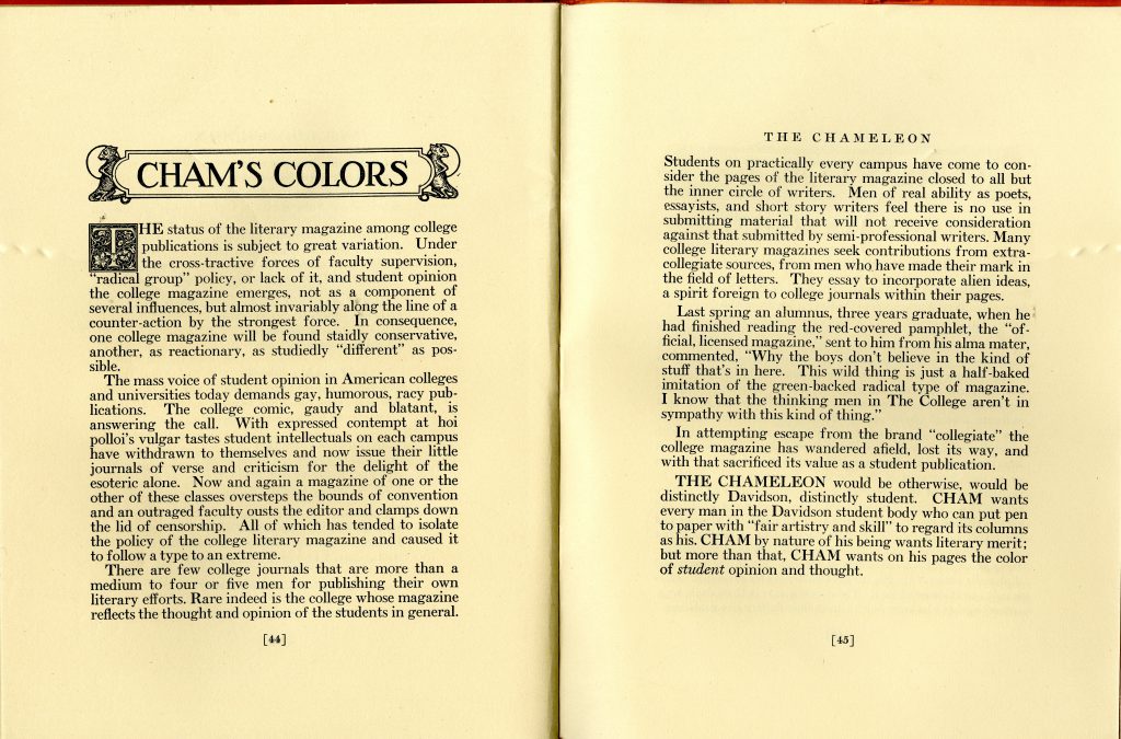 Holcombe M. Austin's full editorial in the first issue of the new Chameleon, November 1926.